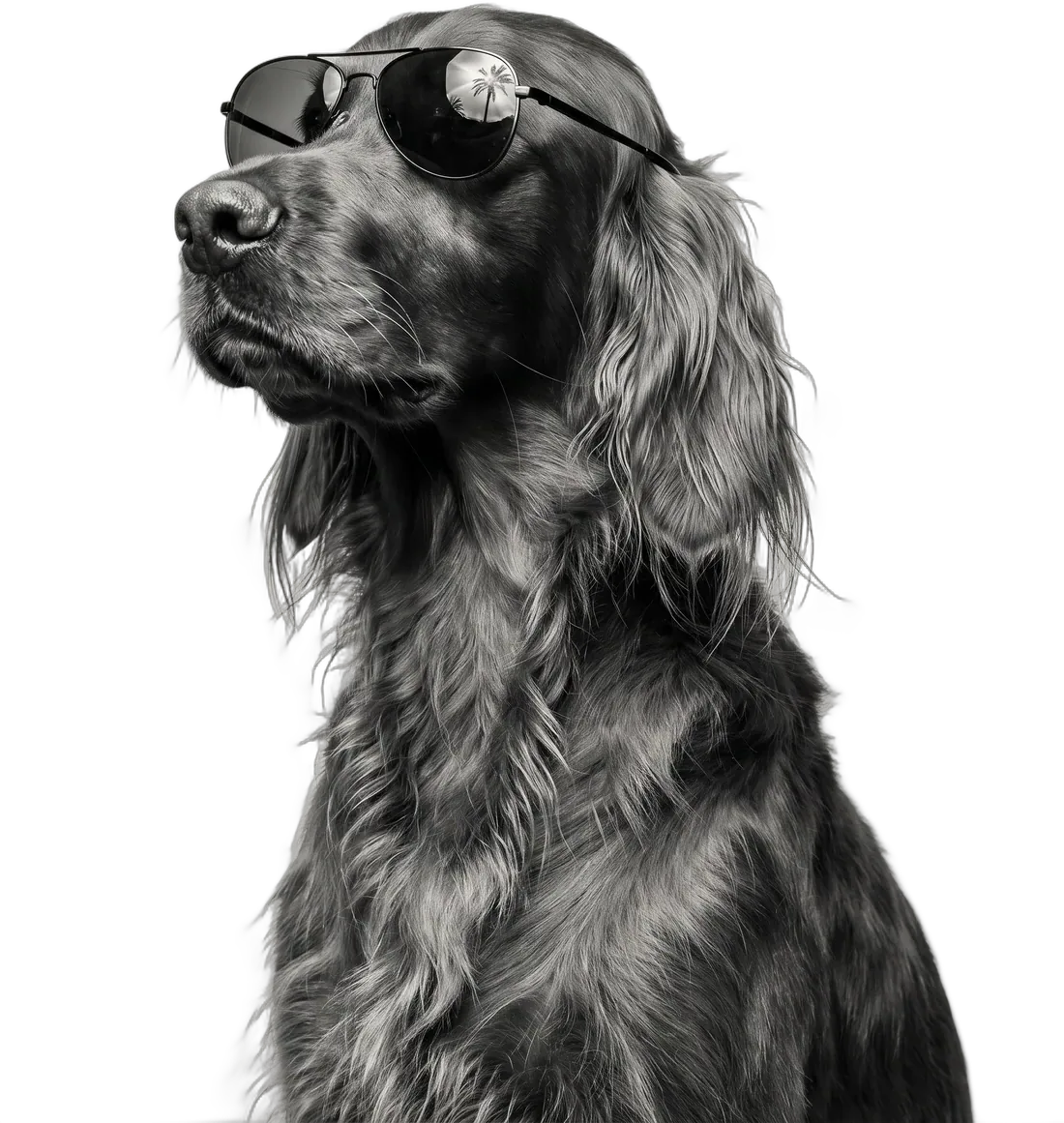 Setter irlandais en noir et blanc, lunettes de soleil sur le nez